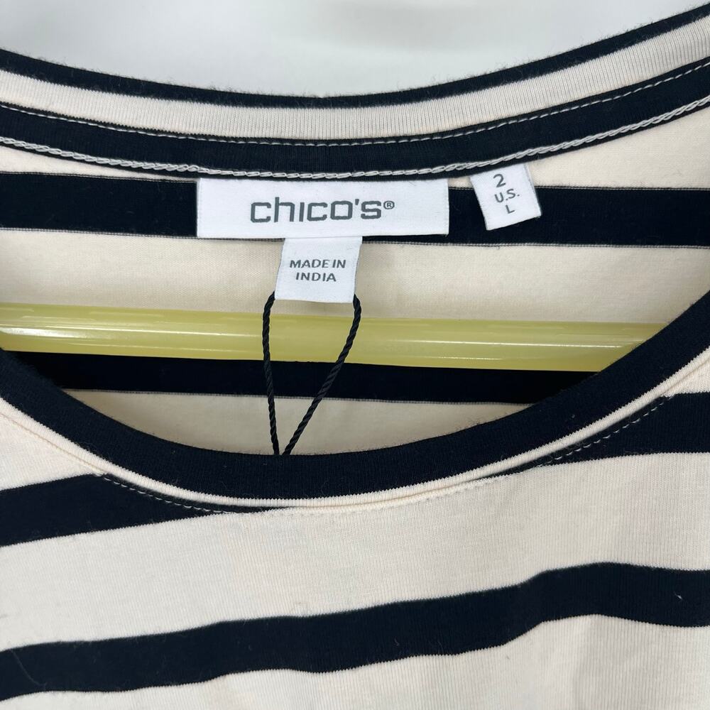Chicos Touch Of Cool Stripe Draped Front Tee Short Sleeve Knit Black White Large - Picture 3 of 8